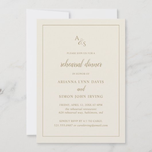 Invitation Dîner de répétition d'ivoire d'or de monogramme (Devant)