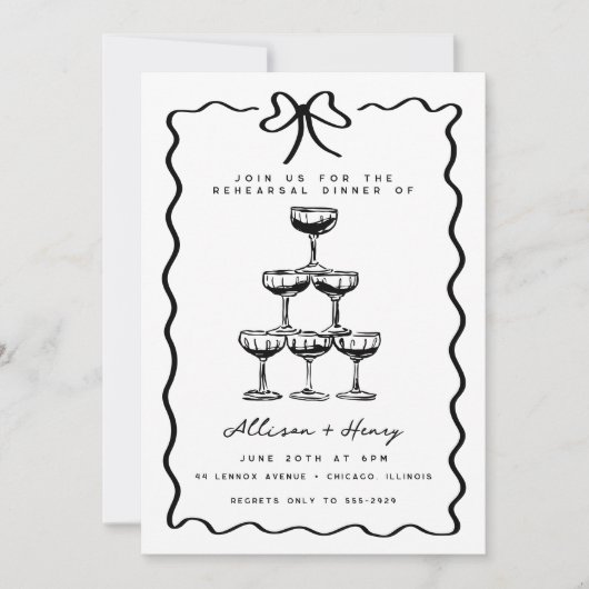 Invitation Dîner de répétition Doodle Champagne Tower Bow (Devant)