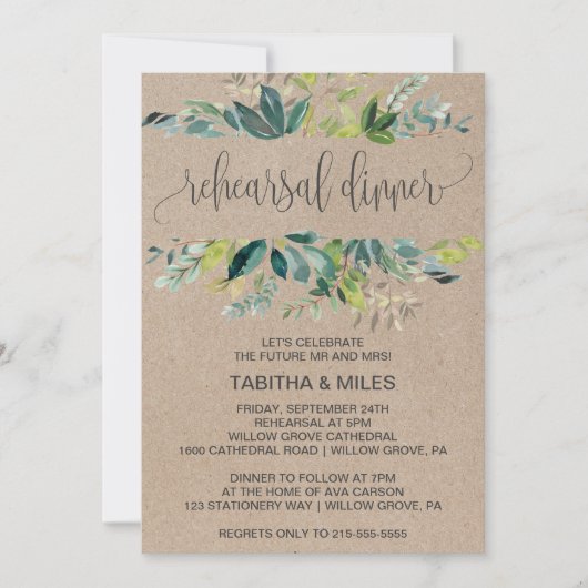 Invitation Dîner de répétition du feuillage Kraft (Devant)