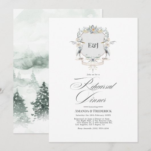 Invitation Dîner de répétition du Lakeside Monogram Laurel Cr (Devant / Derrière)