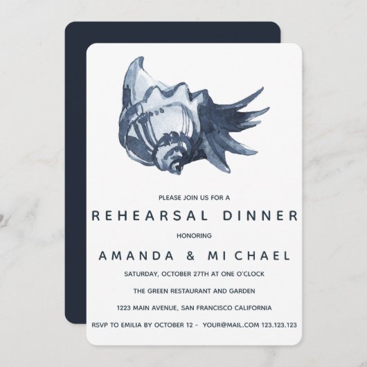 Invitation Dîner de répétition du Mariage Blue Seashell (Devant / Derrière)