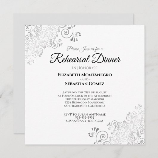 Invitation Dîner de répétition du Mariage Carré Silver Filigr (Devant / Derrière)