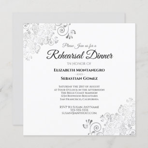 Invitation Dîner de répétition du Mariage Carré Silver Filigr