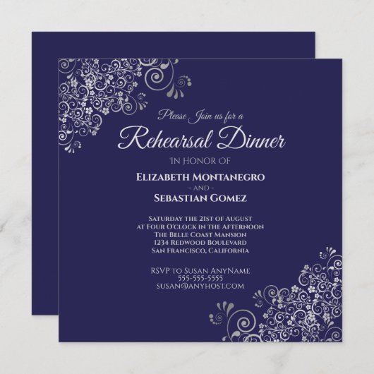 Invitation Dîner de répétition du Mariage Carré Silver & Navy (Devant / Derrière)