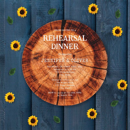 Invitation Dîner de répétition du Mariage de coupe de bois ru
