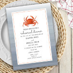Invitation Dîner de répétition du Mariage de crabe Chambray<br><div class="desc">Une aquarelle chambray patinée inspirée de la conception à l'avant et à l'arrière. L'illustration avant d'un crabe avec un texte rouge clair à rayures et gris pour le dîner de répétition.</div>