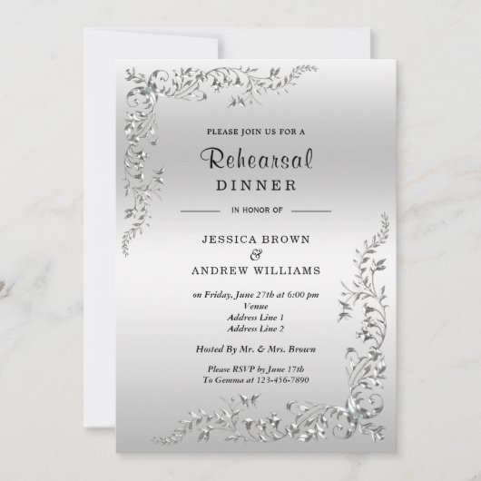 Invitation Dîner de répétition du Mariage de décoration d'arg (Devant)