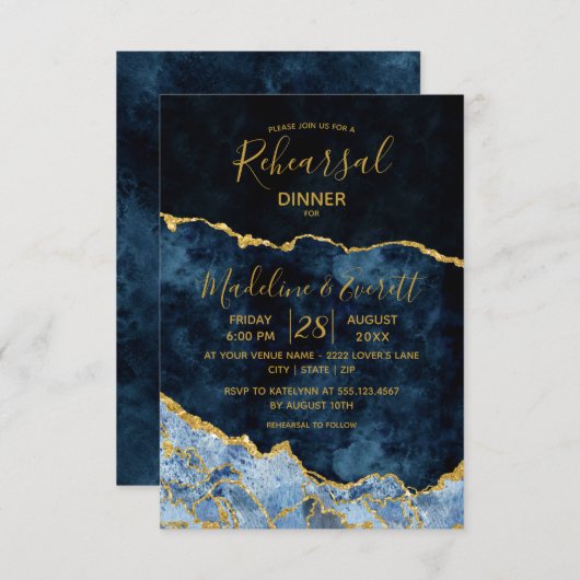 Invitation Dîner de répétition du Mariage de l'agate d'or ble (Devant / Derrière)
