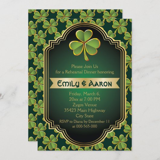 Invitation Dîner de répétition du mariage de trèfle vert d'Ir (Devant / Derrière)