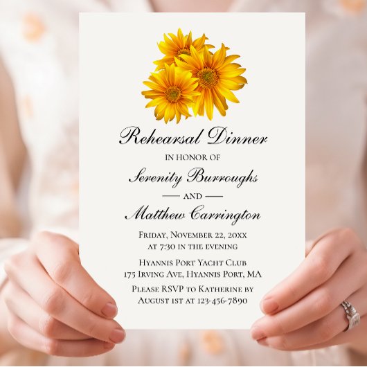 Invitation Dîner de répétition du Mariage des fleurs jaunes d