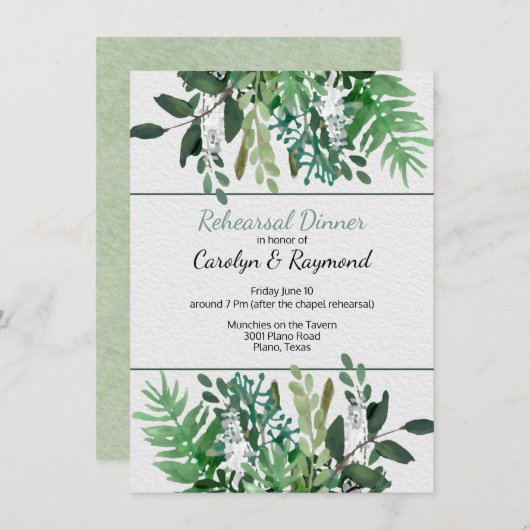 Invitation Dîner de répétition du Mariage du feuillage vert (Devant / Derrière)