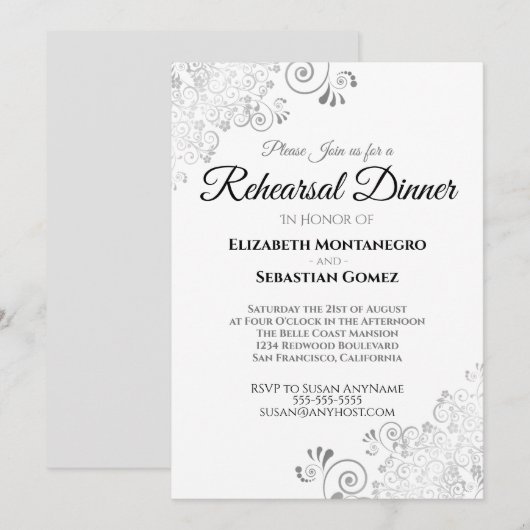 Invitation Dîner de répétition du Mariage Filigree Floral Arg (Devant / Derrière)
