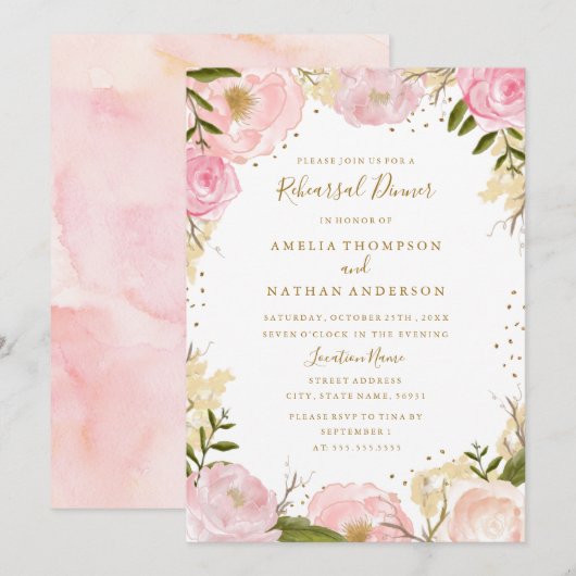 Invitation Dîner de répétition du Mariage Floral Rose Gold Bl (Devant / Derrière)