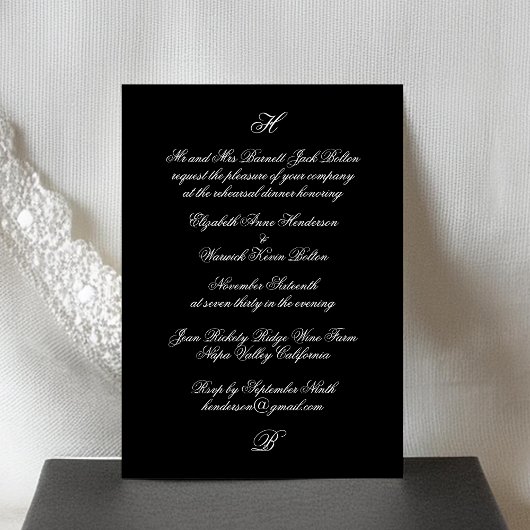 Invitation Dîner de répétition du Mariage noir du Monogramme