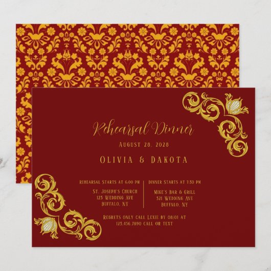 Invitation Dîner de répétition du Mariage royal rouge et or (Devant / Derrière)