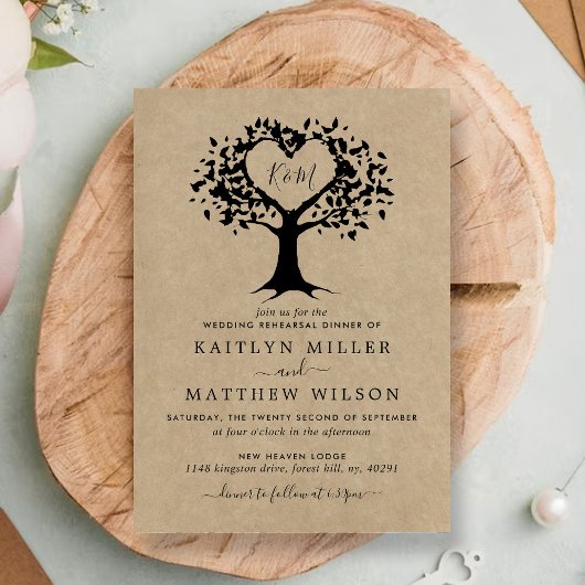 Invitation Dîner de répétition du Mariage Rustic Heart Tree