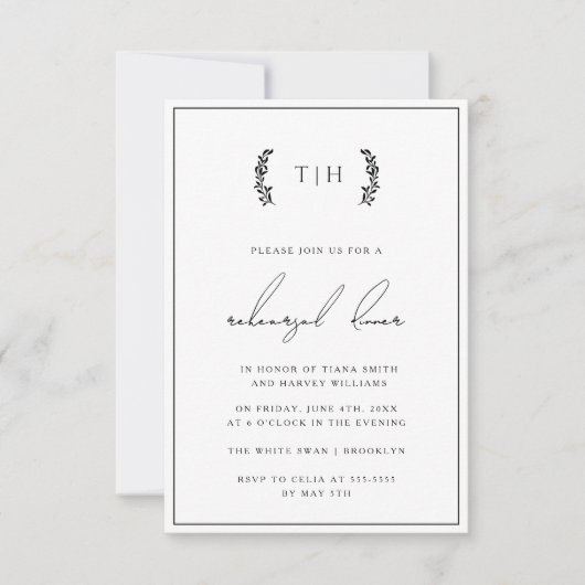 Invitation Dîner de répétition du monogramme de couronne Invi (Devant)