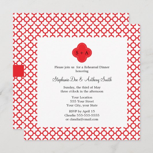 Invitation Dîner de répétition du Motif Monogram Red Quatrefo (Devant / Derrière)