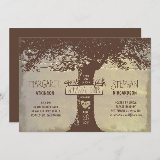 Invitation dîner de répétition d'un arbre rustique et d'un fe (Devant / Derrière)