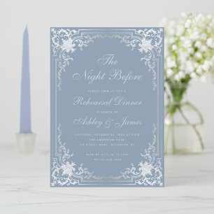 Invitation Dîner de répétition Dusty Blue Faux Silver Vintage