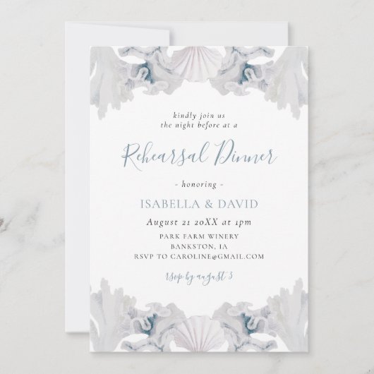 Invitation Dîner de répétition Dusty Blue Seashell Beach (Devant)