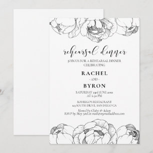 Invitation Dîner de répétition élégant avec des pivoines noir
