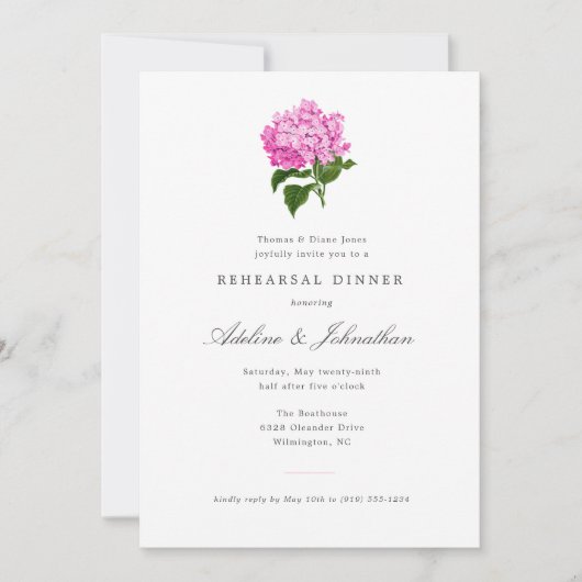 Invitation Dîner de répétition élégant avec Hydrangea rose (Devant)
