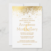 Invitation Dîner de répétition élégant blanc et or sur flocon (Devant)