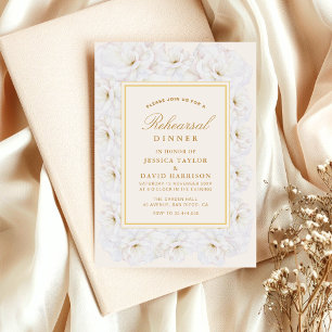 Invitation Dîner de répétition élégant blanc floral ivoire or