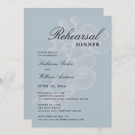 Invitation Dîner de répétition Elégant bleu Dusty (Devant / Derrière)