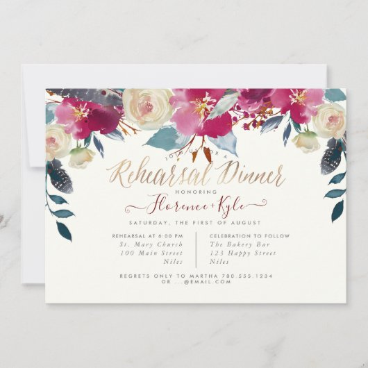 Invitation Dîner de répétition élégant Boho Bourgogne (Devant)