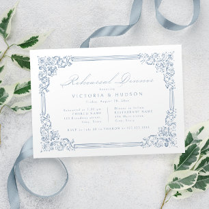 Invitation Dîner de répétition Elégant cadre Vintage bleu fon