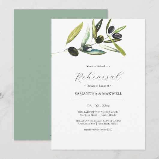 Invitation Dîner de répétition élégant de la branche d'olivie (Devant / Derrière)