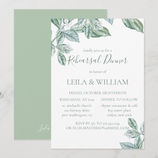 Invitation Dîner de répétition élégant de la Monnaie Botaniqu (Devant / Derrière)