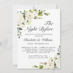 Invitation Dîner de répétition élégant eucalyptus roses blanc