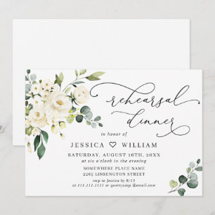 Invitation Dîner de répétition Élégant Eucalyptus Roses Blanc
