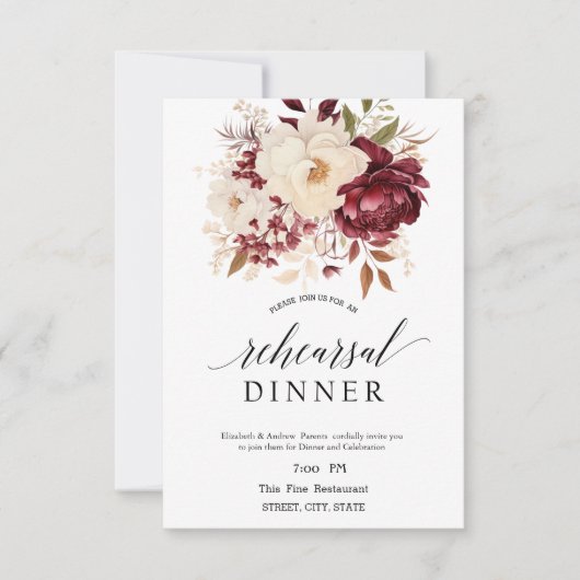 Invitation Dîner de répétition Elégant Fleurs Blanches Bourgo (Devant)