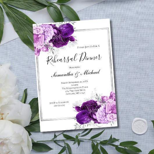 Invitation Dîner de répétition élégant floral d'argent violet