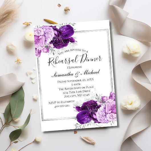 Invitation Dîner de répétition élégant floral d'argent violet