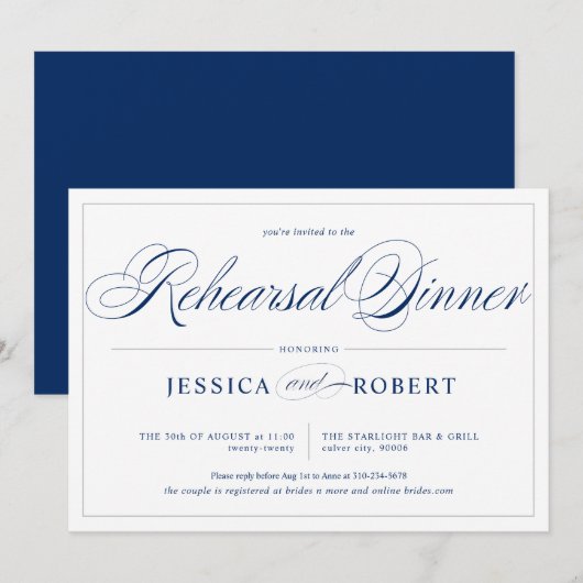 Invitation Dîner de répétition élégant Marine Blue Silver Lin (Devant / Derrière)