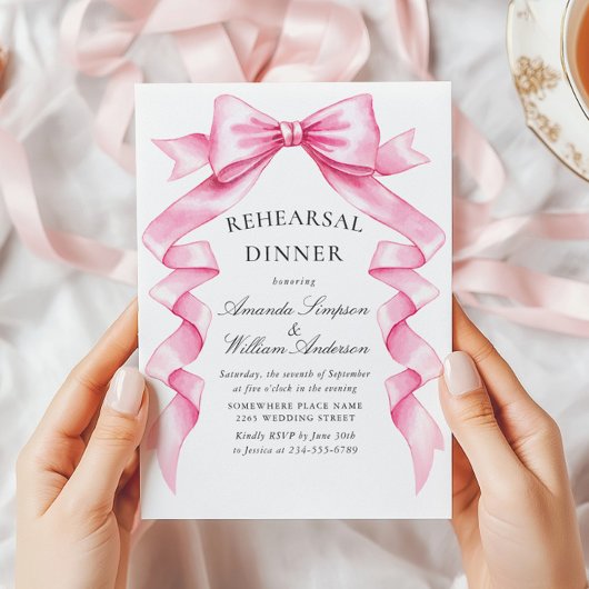 Invitation Dîner de répétition élégant Pink Bow