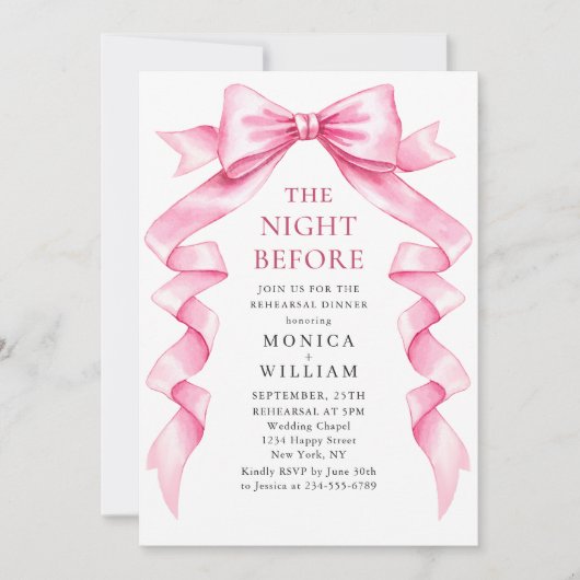 Invitation Dîner de répétition élégant Pink Bow (Devant)