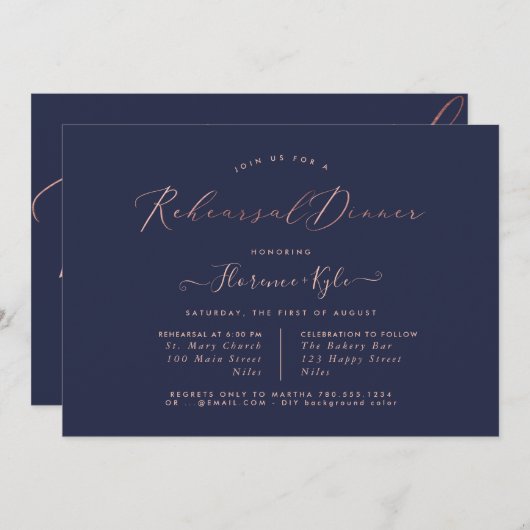 Invitation Dîner de répétition élégant, Rose Gold Luxe Script (Devant / Derrière)