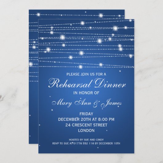 Invitation Dîner de répétition élégant Sparkling Lines Sapphi (Devant / Derrière)