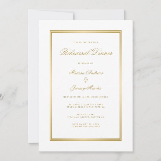 Invitation Dîner de répétition Elégant White Gold Monogram (Devant)