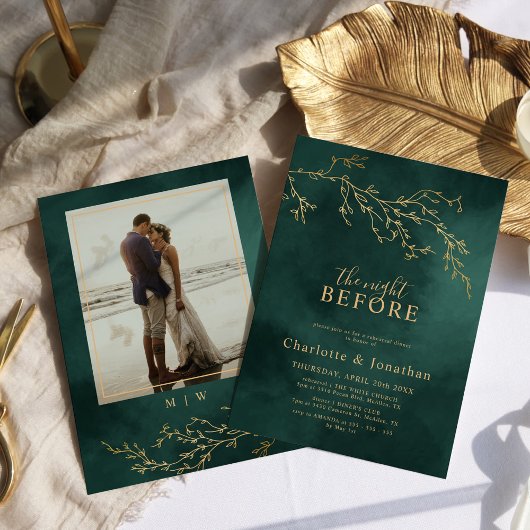 Invitation Dîner de répétition Emerald Green & Gold Botanical