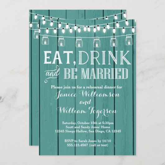 Invitation Dîner de répétition en bois rustique bleu Turquois (Devant / Derrière)