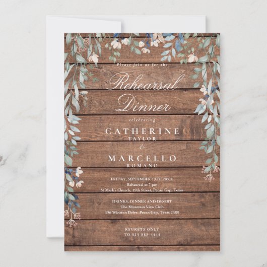 Invitation Dîner de répétition en bois rustique fleur sauvage (Devant)