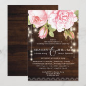 Invitation Dîner de répétition en bois rustique Roses et lumi (Devant / Derrière)