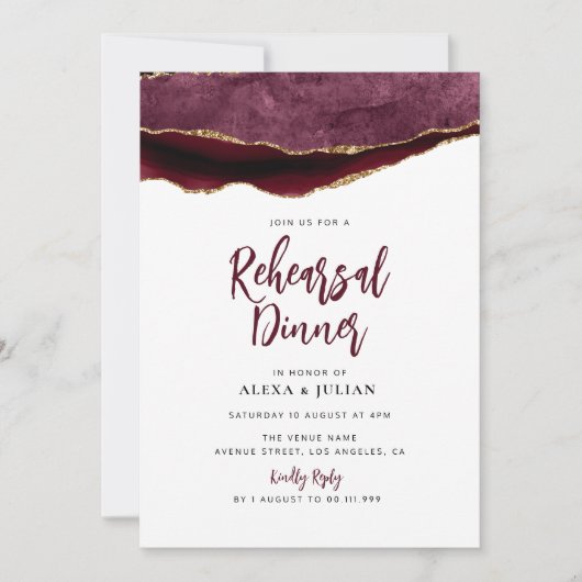 Invitation dîner de répétition en bordeaux et en or (Devant)